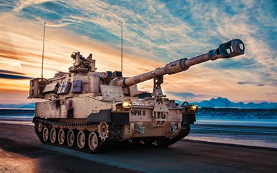 m109a7 paladin, 4k, 일몰, 포, 겨울, m109 곡사포, 미군, sph, m109a7, 155mm 자체 추진 곡사포 m109, hdr, m109