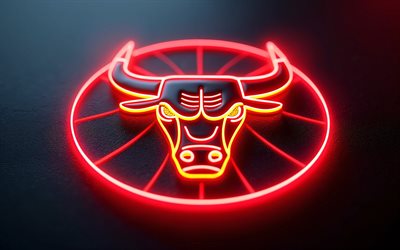 logotipo de neón de los chicago bulls, 4k, fondo de metal negro, nba, logotipo de los toros de chicago, emblema de los toros de chicago, luz de neón roja, eeuu, toros de chicago, fondo de metal negro rojo, baloncesto