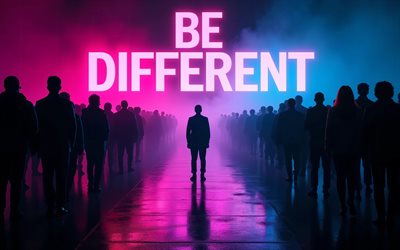 4k, Be different, darkness, man among the crowd, silhouettes of people, colorful glow, Be different concepts, Be different inscription, artwork, Be different art