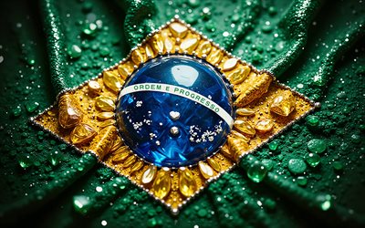 Brazilian flag, 4K, gemstones, flag of Brazil, Ordem e Progresso, Brazilian gems flag, crystals, shiny stones, Brazil, creative art, green gemstones, blue yellow green crystals, Brazil flag