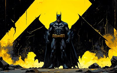 말 당번, 4k, 날개, 노란색 그런 지 배경, dc 코믹스, 슈퍼 히어로, 그런지 예술, 배트맨 아트, 팬 아트, 배트맨 4k