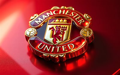 Manchester United FC glass logo, 4k, red metal background, NBA, Manchester United FC logo, Manchester United FC glass emblem, football, Manchester United FC, Manchester United, Man United