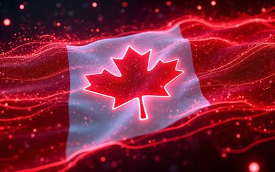 4k, علم كندا متوهج, خوخه, موجات النيون الحمراء, علم كندا, يوم كندا, فن ثلاثي الأبعاد, العلم الكندي, علم كندا النيون, موجات النيون علم كندا, كندا, علم كندا ثلاثي الأبعاد, علم كندا مجردة