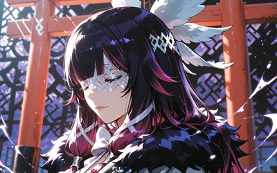 4k, colombina, puertas torii, oscurece, impacto de genshin, manga, personajes de anime, columbina hiposelenia, personajes de impacto de genshin, impacto de columbina genshin