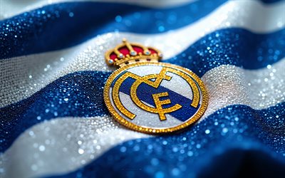 4k, Real Madrid CF logo, Real Madrid gems logo, Real Madrid CF, blue white gems background, Real Madrid logo, La Liga, Real Madrid emblem, Spain, Real Madrid, football
