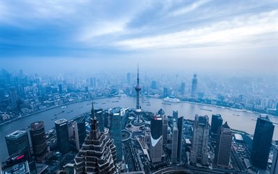 상하이, 동양의 진주, tv 타워, 중국, 아침, 고층 빌딩