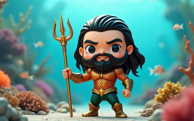 aquaman, 4k, super héros, art de chibi, bandes dessinées dc, trident, aquaman chibi, sous marin, art 3d, jason momoa, aquaman 3d, fan art, aquaman 4k
