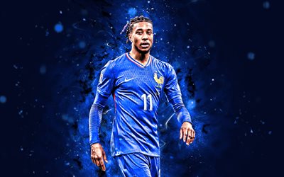 4k, Michael Olise, blue abstract background, France national football team, UEFA, french footballers, blue neon lights, Michael Olise 4K, football, soccer, national teams, FFF, Michael Olise France Team