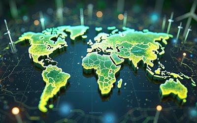 carte du monde créatif vert, carte du monde de la technologie verte, technologies numériques, concepts de réseaux mondiaux, carte du monde, carte du monde 3d, carte du monde néon, concepts de la carte du monde