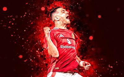 4k, diogo dalot, background astratto rosso, manchester united fc, premier league, calciatori portoghesi, diogo dalot 4k, calcio, luci al neon rossa, manchester united, diogo dalot manchester united, man united
