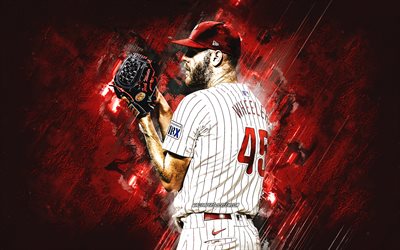 zack wheeler, philadelphia phillies, amerikan beyzbol oyuncusu, mlb, kırmızı taş arka plan, grunge art, major league beyzbol, amerika, beyzbol, zachary harrison wheeler, zack wheeler philadelphia phillies