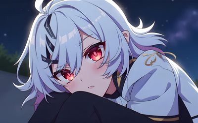4k, arlecchino, nacht, genshin  auswirkungen, park, rote augen, anime  charaktere, kunstwerk, gen wirkungsvoller charaktere, arlecchino genshin impact