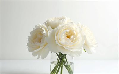 4k, bouquet di peonie bianche, sfondo bianco, peonie bianche, fiori 3d, peonie 3d, peonies bouquet, fiori bianchi, peonie, sfondo con peonie bianche, peonie bianche 3d