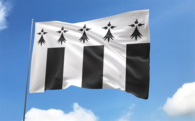 Rennes flag on flagpole, 4K, French cities, blue sky, flag of  Rennes, wavy satin flags, Rennes flag, cities of France, flagpole with flags, Day of Rennes, France, Rennes