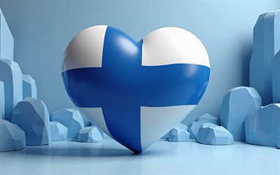 finlandiya'yı seviyorum, 4k, mavi 3d arka plan, 3d sanat, yaratıcı, finlandiya günü, finlandiya bayrağı, fin bayrağı ile kalp, 3d kalpler, fin bayrağı, finlandiya, finlandiya sevgisi