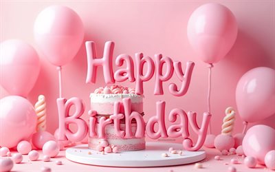 お誕生日おめでとう, 4k, ピンク3dアート, お誕生日おめでとう3dピンクの碑文, お誕生日おめでとうございます, 誕生日ピンクの背景, 誕生日グリーティングカード, お誕生日おめでとうコンセプト, 3dピンクの誕生日ケーキ