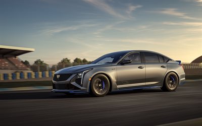 4k, cadillac ct5 v blackwing, 2025, vista frontale, esterno, pista da gara, grigio cadillac ct5 v, nuovo blackwing grigio ct5 v, auto americane, cadillac