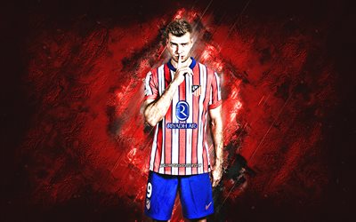 alexander sorloth, atletico madrid, norsk fotbollsspelare, röd stenbakgrund, la liga, spanien, fotboll, alexander sorloth atletico madrid