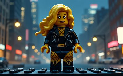 4k, canário negro, nightscape, super  heróis, lego art, dc comics, canário preto lego, 3d art, canário preto 3d, arte dos fãs, canário preto 4k