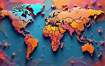 4k, خريطة العالم الإبداعي التجريدي ثلاثي الأبعاد, خلفية ملونة, مفاهيم خريطة العالم, خلفية مع خريطة العالم, خريطة العالم التجريدي, القارات, خريطة العالم