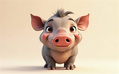 4k, simpatico warthog 3d, cartoon 3d warthog, animali carini, warthog, animali 3d, animali 3d di cartoni animati, fun di ghisa, little warthog, sfondo arancione