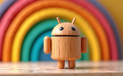 4k, android  puinen logo, sateenkaari, os  tuotemerkit, 3d  taide, bokeh, värikkäitä puisia taustoja, android 3d  logo, luova, android  logo, tuotemerkit, androidi