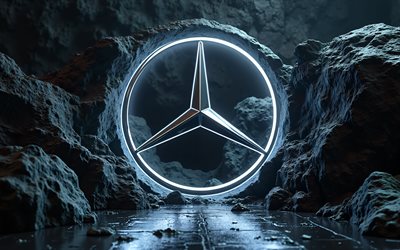 4k, Mercedes-Benz metal logo, white neon lights, black stone backgrounds, creative, cars brands, Mercedes-Benz 3D logo, Mercedes-Benz logo, Mercedes logo, Mercedes-Benz, Mercedes