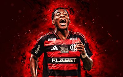 4k, Gonzalo Plata, red abstract background, Flamengo FC, Brazilian Serie A, Ecuadorian footballers, red neon lights, Gonzalo Plata 4K, football, soccer, Flamengo RJ, Flamengo, Gonzalo Plata Flamengo