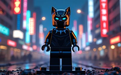4k, schwarzer panther, nachtscape, superhelden, lego  kunst, marvel  comics, black panther lego, 3d  kunst, black panther 3d, fan art, black panther 4k