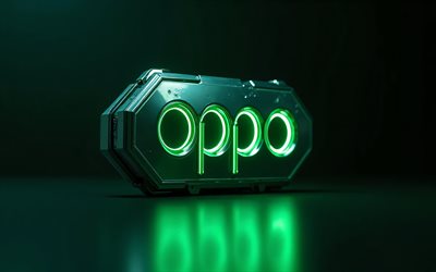 4k, oppo neon  logo, luova, vihreä metallitausta, oppo 3d  logo, taideteos, oppo green  logo, oppo  logo, elektroniikkabrändit, oppo