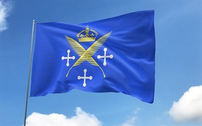 Saint-Etienne flag on flagpole, 4K, French cities, blue sky, flag of  Saint-Etienne, wavy satin flags, Saint-Etienne flag, cities of France, flagpole with flags, Day of Saint-Etienne, France, Saint-Etienne