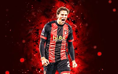 4k, ilya zabarnyi, neşe, kırmızı soyut arka plan, bournemouth fc, premier lig, ukraynalı futbolcular, kırmızı neon işıklar, ilya zabarnyi 4k, futbol, ilya zabarnyi bournemouth, afc bournemouth