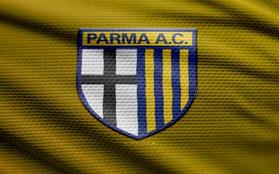 logotipo de tela de parma calcio 1913, 4k, fondo de tela amarilla, serie b, bokeh, fútbol, logotipo de parma calcio 1913, fútbol americano, emblema de parma calcio 1913, parma calcio 1913, club de fútbol italiano, parma fc