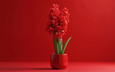 4k, röd hyacint i potten, röd bakgrund, rödhyacint, 3d  blommor, 3d hyacinth, hyacintbukett, röda blommor, hyacint, bakgrund med röd hyacint, 3d red hyacinth