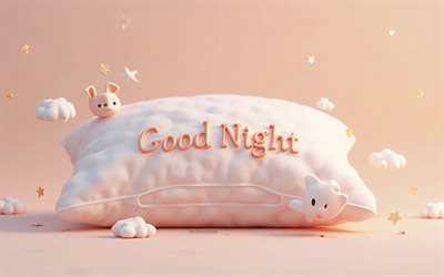 gute nacht, 4k, kreative kunst, 3d  rosa kissen, gute nacht inschrift, gute nachtkonzepte, gute nachtwunsch, rosa hintergrund