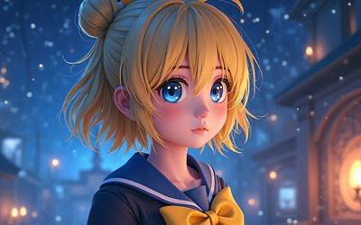 4k, rin kagamin, nacht, blaue augen, vokaloid, 3d  kunst, protagonisten, manga, vokaloidfiguren, kagamine rin, japanische virtuelle sänger, rin kagamine vocaloid