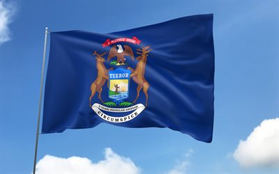 旗竿のミシガン州の旗, 4k, アメリカの州, 青空, ミシガン州の旗, 波状のサテンの旗, 米国の状態, 旗のある旗竿, アメリカ, ミシガン州の日, アメリカ合衆国, ミシガン