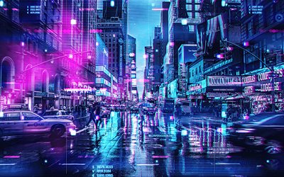New York, 4k, taxi, Cyberpunk, traffic lights, street, cityscapes, NYC, american cities, USA, America, modern buildings, New York Cyberpunk, New York cityscape