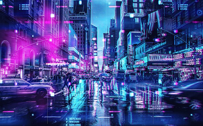 new york, 4k, taxi, cyberpunk, trafikljus, gata, stadsbilder, nyc, amerikanska städer, usa, america, moderna byggnader, new york cyberpunk, new york citys