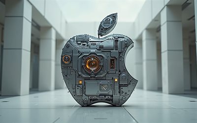 elma logosu, 4k, mekanik sanat, apple metal logosu, apple amblemi, apple 3d logosu, yaratıcı teknoloji sanatı, elma
