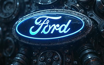ford blue neon logo, 4k, bokeh, metallhintergrund, blaue neonlichter, ford 3d  logo, kunstwerk, ford metal logo, ford logo, cars marken, ford