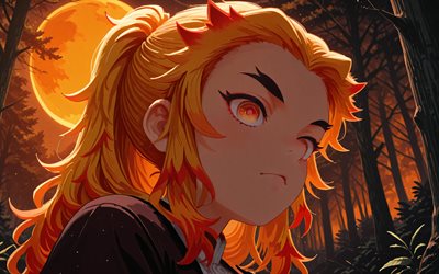 4k, kyojuro rengoku, luna, foresta, kimetsu no yaiba, notte, samurai, guerriero, manga, protagonista, rengoku kyojuro, demon slayer corps, demon slayer, kyojuro regoku kimetsu no yaiba