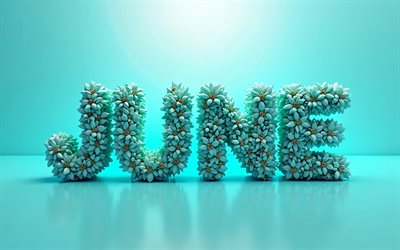 4k, junio, cartas florales turquesas, minimalismo, fondo de abstracto turquesa, conceptos de junio, nombres de meses, inscripción de junio, palabra de junio, antecedentes con junio