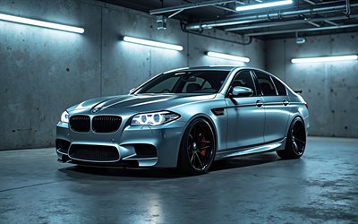 Silver BMW M5, 4k, garage, F10, tuning, bokeh, creative, white neon lamps, BMW M5, BMW M5 F10, german cars, BMW