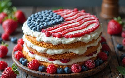 ケーキに描かれたアメリカの旗, 4k, アメリカの旗, ベーキング, 7月4日, アメリカ合衆国, ベリー付きのケーキ, アメリカ国旗