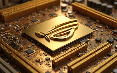 4k, rog golden 3d logo, république des joueurs, carte mère dorée, logo rog, rog emblem, rog golden logo, asus, signe de rog, rog penguin