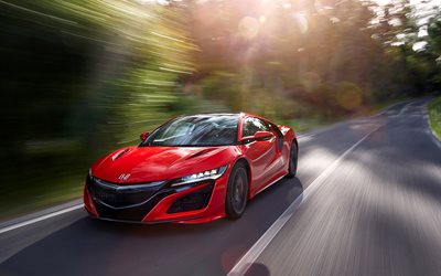 road, 2017, Honda NSX, speed, movement, supercars, red honda
