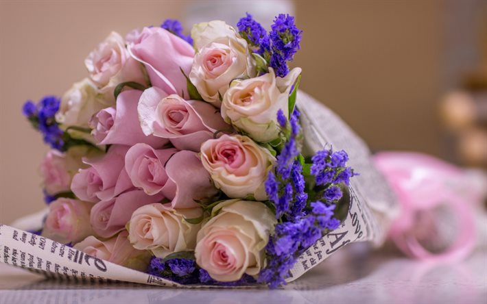 buquê de casamento, rosas cor de rosa, buquê de noiva, rosas, flores cor de rosa