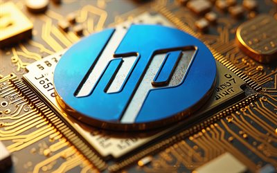 HP 3d blue logo, 4k, golden motherboard, Hewlett-Packard, HP sign, HP logo, Hewlett-Packard logo, HP emblem, golden technology background, HP, background with HP logo, HP 3d logo