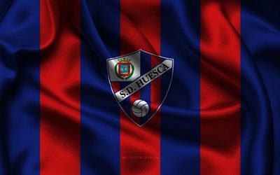 4k, sd huescaロゴ, 赤青の絹の布, スペインのフットボールチーム, sd huesca emblem, セグンダ部門, sd huesca, アメリカ合衆国, フットボール, sd huesca flag, huesca fc